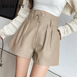 Autumn Winter Women's Faux PU Leather Shorts with Belted New High Waist Ladies Elegant Short Trousers Pocket