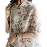 2025 New Chinese Style Improved Cheongsam Peach Shirt Retro Buckle Long-Sleeved Printed Shirt