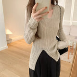 Sense Of Design For A Minority Split Sweater The New Autumn Style Shows A Thin V-Neck Long-Sleeved