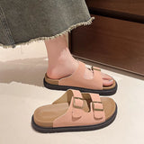 Zingj Shoes Casual One Word Slipper Women's Summer 2024 New Boken Wearing A Thick Belt Buckle Flat Half Slippers-Outfit