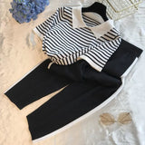 Stripe Patchwork Knitted Two Peice Set Women Turn-Down Collar Short Sleeve T-shirt+Calf-Length Pants Casual