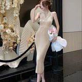 Women New Halter Elegant Party Midi Kinit Dress Female Fashion Sexy Ladies Sleeveless