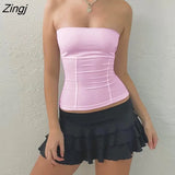 Women Sleeveless Vest Solid Color Strapless Vertical Lines Tank Tops Street Style Skinny Tube Tops