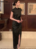 Vintage Slim Jacquard Cheongsam Summer White Midi Dresses Women Short Sleeve Runway Split Vestidos Female Black
