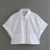 Zingj 2023 New Fashion Versatile Lapel Short Sleeve Striped Pocket Shirt Top