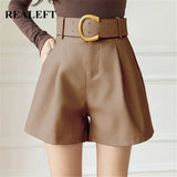 Women's PU Leather Shorts With Belt New Winter Stylish Pockets Ladies Elegant Solid Casual Shorts Trousers
