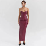 Burgundy Strapless PU Leather Maxi Dress- Outfit