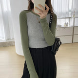 Shoulder Long-Sleeved T-Shirt Women's Spring And Autumn Color Foreign-Style Blouse Thread Slim Short Style Bottomed Blouse