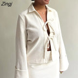 Women Spring Autumn Loose Coat Tops Solid Color Tie-Up Front Lapel Neck Long Sleeve Casual Streetwear