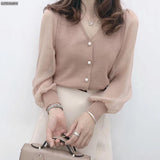 Winter Spring New Long Sleeve Button Knitted Blouses Female Fashion V-neck Solid Color Shirts Loose Casual Tops