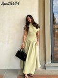 Women Elegant Irregular Pleated Dress Fashion O Neck Patchwork Short Sleeve Long Dresses 2024 Sexy Casual Office Lady