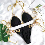 Zingj New Gold Strap Sexy Backless Bikini Crystal Diamond Swimsuit