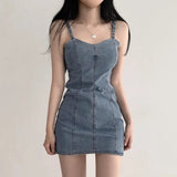 Zingj Chic Summer Retro Bright Line Design Sense Small Minority Slim Show Thin Bag Hip Jeans Sling Dress