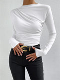 Solid Color Trim Bottom Shirt Folding Design Long-Sleeved T-Shirt Lady
