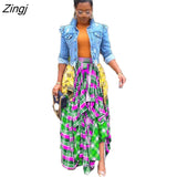Women Long Maxi Skirts High Waist Patchwork Loose Asymmetrical Plaid Print Loose Big Swing Floor Length Long