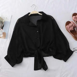 Woman Blouses Sparkles Shinning Chiffon Shirts Button Up Women's Blouse shirts Tied Up Waist Transperant