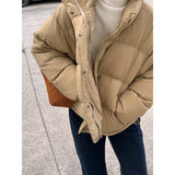 New Down Jacket Female Short Korean Version Loose And Thick Warm White Duck Down Standing Collar Bread Clothing Winter Coat-Outfit