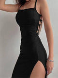 Black Long Bodycon Dress Women Summer Sleeveless Blackless Halter Neck Spaghetti Strap Dresses High Split
