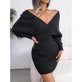 2025 Cross-Win V-Neck Bat Dress Bag Hip Dress Sweater Dress Women's