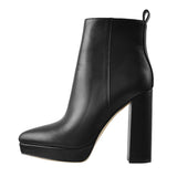 Onlymaker Women Ankle Boots Pointed Toe Black Matte Flock12CM Chunky Heel Platform Booties Party Shoes Large Size Short