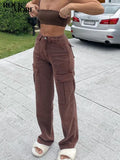 Brown Vintage Baggy Jeans Women 90s Streetwear Pockets Wide Leg Cargo Pants Low Waist Straight Denim