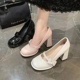 Zingj 2024 New Bow Buckle Belt Single Shoes Sweet Vintage French Pink Thick High Heels Mary Jane Shoes Woman-Outfit