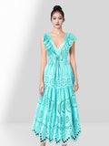 Temperament Flying Sleeve V Collar Waist Shows Thin A Word Big Pendulum Hollowed-Out Dress Seaside Holiday Long