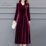 2021 Autumn Vintage Women Midi Party Dress Long Sleeve Burgundy Black Velvet Dress Plus Size 3XL 4XL 5XL
