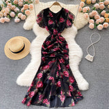 Zingj Dress New Light Luxury Famous Lady Chiffon Print Dress Temperament Flounce Fishtail Dress