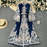 Zingj Dress New Vintage Print Round Neck Horn Sleeve Dress Women's Single Breasted Large Pendulum Irregular Pleated Long