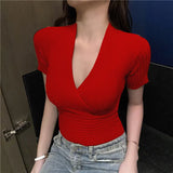 Zingj Spot Summer Large V-Collar, Low-Cut, Sexy, Tight-Fitting White Wine Red Short-Sleeved