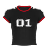 Zingj Style Digital Print Contrast Color Short-Sleeved T-Shirt Female Retro Round Collar Casual Versatile Crop