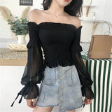 Color Pleated Bow Fashion Women Ladies Long Sleeve Off Shoulder Cropped Tops Blouse Shirt Lace Up Corset