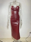 Burgundy Strapless PU Leather Maxi Dress- Outfit