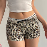 Zingj Leopard Print Lace Stitching Lace Casual Shorts Low Waist Lace Bow Slim Knit
