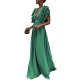 Sleeves Mid Waist V-neck Backless Solid Color Long