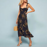 For Women Elegant Vintage Floral Dress Frill Sweetheart Neck Sleeveless Strap Tie Ruffle Hem Summer Beach