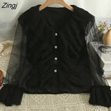 Style Vintage Velvet Blouse Women Elegant Ruffles Mesh Shirt Autumn Office Ladies Button Long Sleeve Oversized Shirt