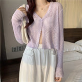 Women V-neck Solid Single Button Slim Knitted Thin Tops Female Korean Style Simple Trendy Long Sleeve Sun
