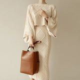 New Fashion Knitted 2 Piece Set Twist Crochet Batwing Sleeve Loose Sweater Crop Top And Split Bodycon Skirt Women's
