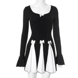 Black Long Sleeve Bow Splice Folds Mini Dress- Outfit