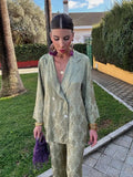 Women's Elegant Printed Pant Set Spring Fashion V Neck Long Sleeve Coat Loose High Waist Trousers Sets Fashion Chic Ladies
