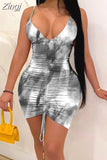 Women Mini Dress Tie Dye Print Sleeveless Strap V-neck Shirring Bodycon Dresses Sexy Night Club Party Vestidos