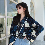 Shirts Women Long Sleeve Print Ulzzang Cat Turn-down Collar Students Designed Womens Korean Style with Buttons