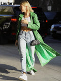 Autumn Extra Long Green Leather Trench Coat for Women Long Sleeve Sashes Single Breasted Maxi Overcoat 2021