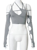 Women Halter Tops Gothic egirl Patchwork Long Sleeve Crop Top Sexy Cut Out Casual