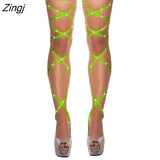Women Girls Solid Sexy Lingerie Bandage Fishnet Stockings Thigh-High Rhinestone Leg