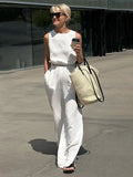 Zingj And Linen Suit Summer 2024 Short Style Sleeveless Elastic Waist Top Trousers Slit Two-Piece