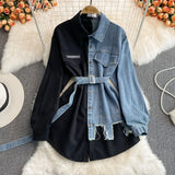 Zingj Spliced Corduroy Lapel Dress 2023 Autumn And Winter New Korean Version Waist Shows Thin Irregular Medium