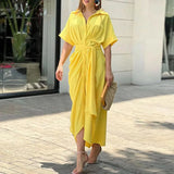 Women's Summer Tidling With Short Sleeve Single Buckle Solid Color Shirt Dress